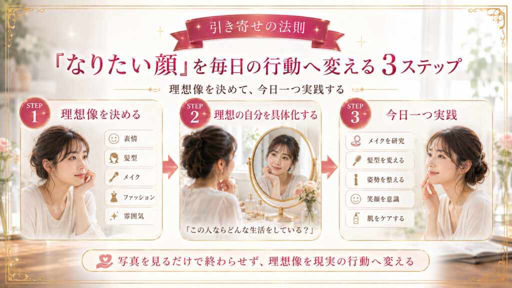 なりたい顔の理想像を決めて具体化し今日の美容行動へ変える3ステップ図解