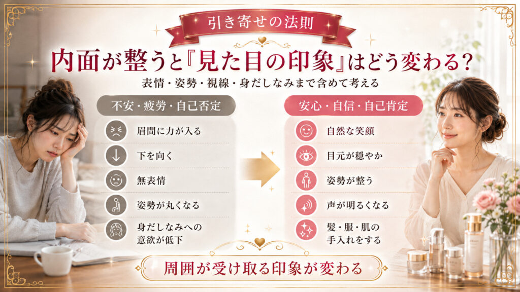 不安や自己否定がある状態と安心や自信がある状態で表情や姿勢など見た目の印象がどう変わるかを比較した図解