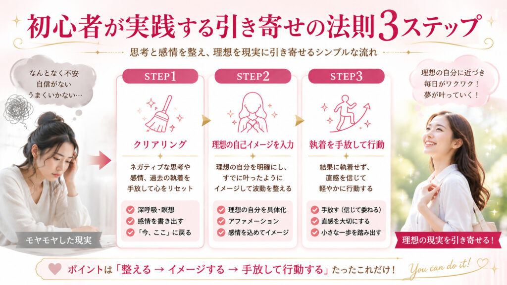 クリアリングから理想の自己イメージと行動へ進む引き寄せの法則3ステップの図解