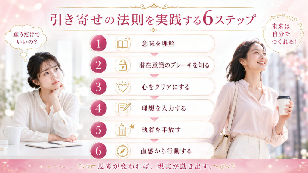 引き寄せの法則を実践して理想の未来へ進む6ステップの図解