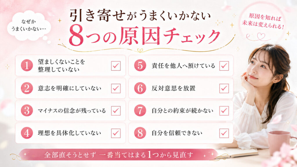 引き寄せの法則がうまくいかない8つの原因を確認するチェックリスト図解