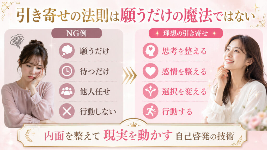 引き寄せの法則は願うだけではなく思考や感情を整えて行動する方法だと示した比較図