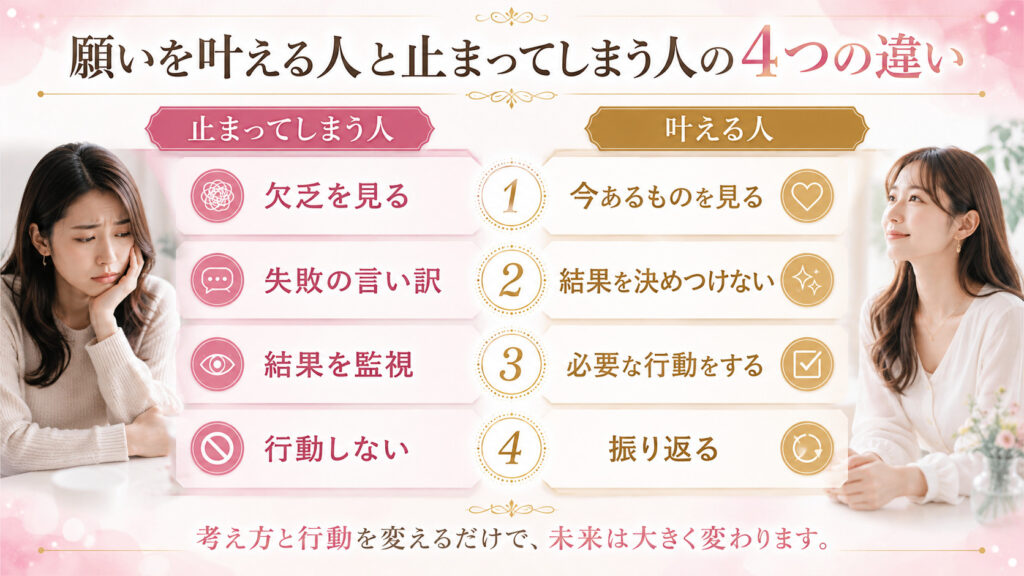 引き寄せが進む人と止まってしまう人の考え方と行動の4つの違いを比較した図解