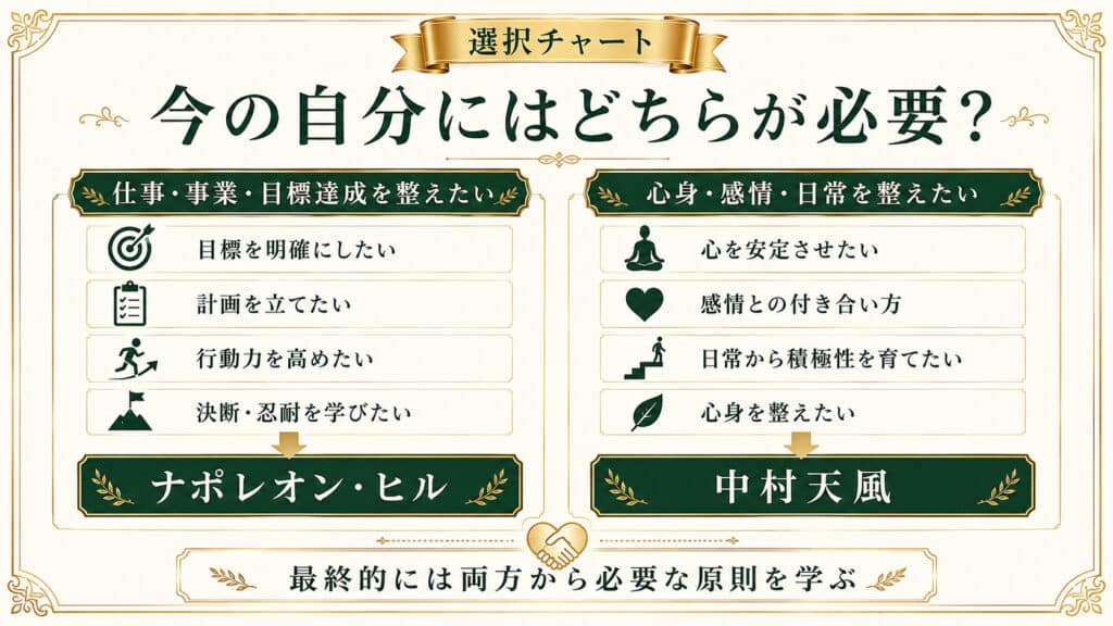 ナポレオン・ヒルと中村天風のどちらから学ぶかを目的別に選べるチャート図解