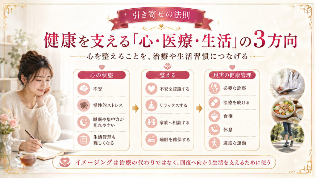 心の状態を整えながら必要な医療と生活習慣を組み合わせて健康を支える3方向を示した図解