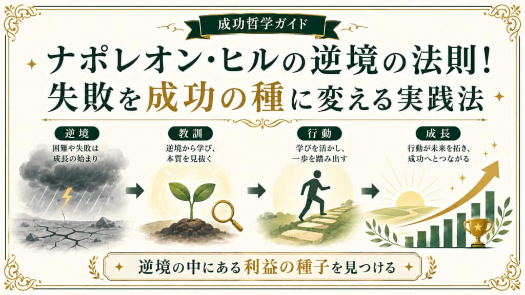 ナポレオン・ヒルの逆境の法則をテーマに、逆境から教訓・行動・利益へつなげる流れを表したアイキャッチ画像