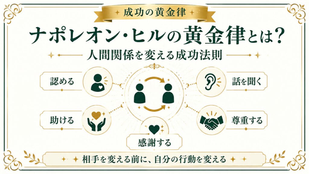 ナポレオン・ヒルの黄金律を認める・話を聞く・助ける・尊重する・感謝する行動で表した図解