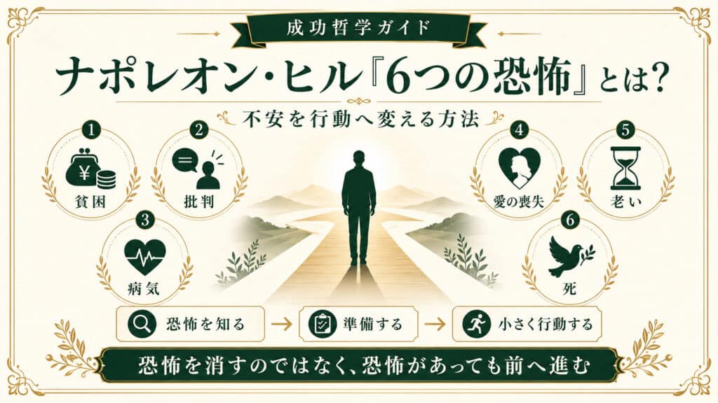 ナポレオン・ヒルが説く6つの恐怖と、不安を準備と小さな行動へ変える流れを表したアイキャッチ画像