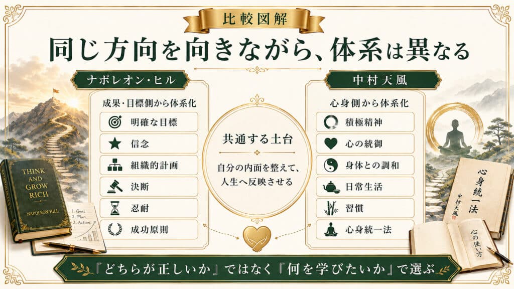 ナポレオン・ヒルと中村天風の思想や表現の違いと共通点を比較した図解