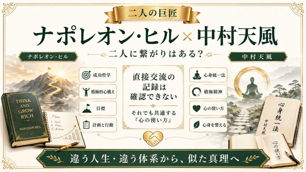 ナポレオン・ヒルと中村天風の関係性や共通点と違いを全体像で示したアイキャッチ画像
