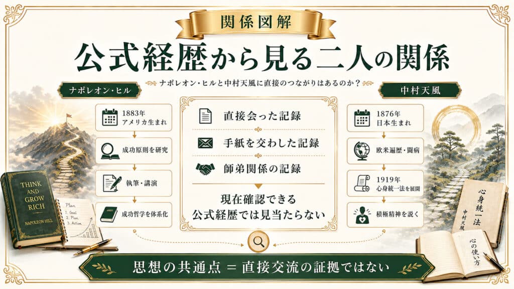 ナポレオン・ヒルと中村天風に直接的な交流記録が確認されていないことを公式経歴ベースで整理した図解