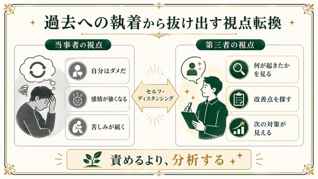 過去への執着から抜け出し、責める視点から分析する視点へ切り替える方法を表した図解