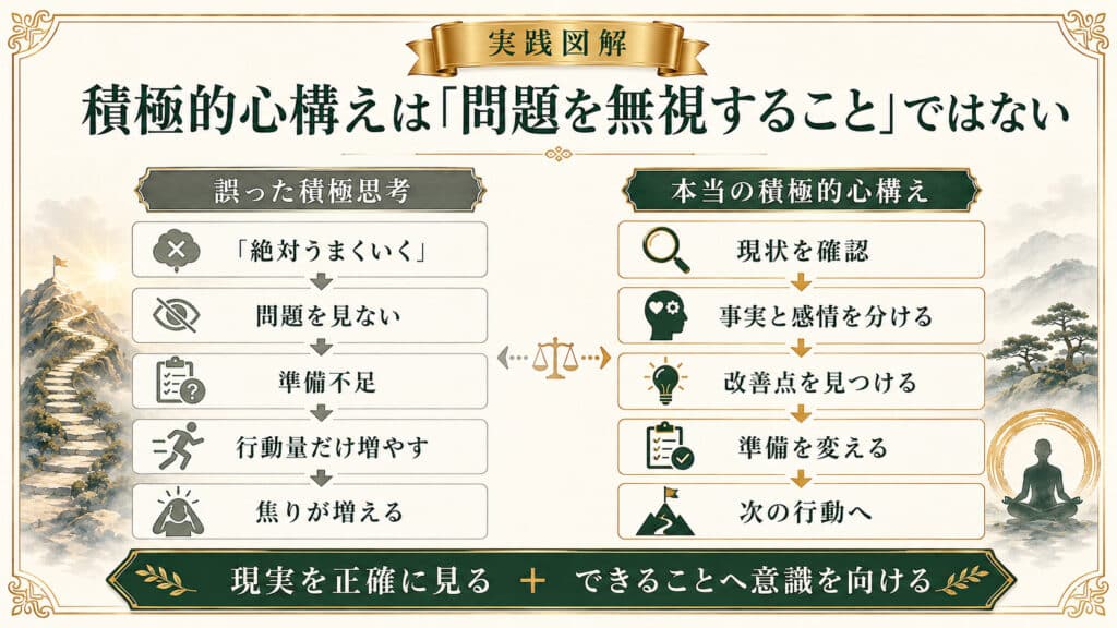 積極的心構えを精神論ではなく現実的な実践へ落とし込む考え方を示した図解