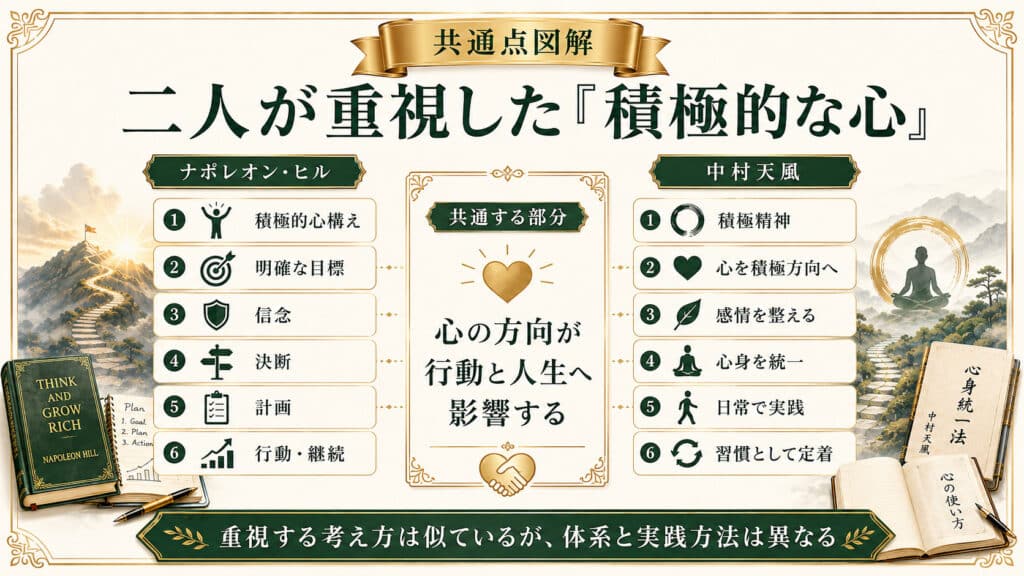 ナポレオン・ヒルと中村天風に共通する積極的な心の考え方を整理した図解