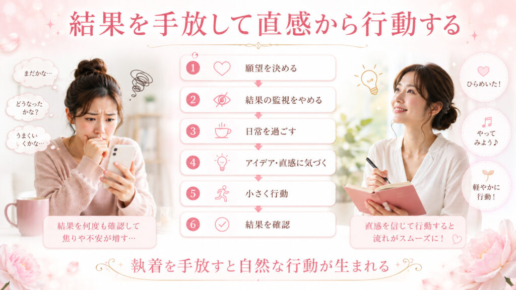 結果への執着を手放して直感に気づき小さく行動する流れを示した図解