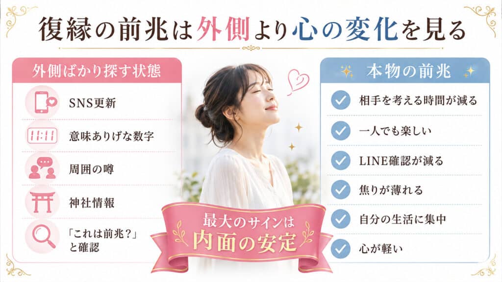 復縁の前兆は外側のサインより心の軽さや自分の変化にあることを示す比較図