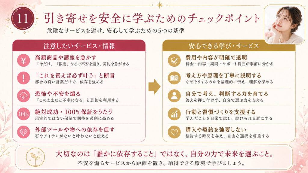 危険な引き寄せ関連サービスと安心して学べるサービスの特徴を比較したチェックポイント図解