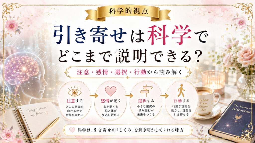 引き寄せの法則を科学でどこまで説明できるかを整理した図解