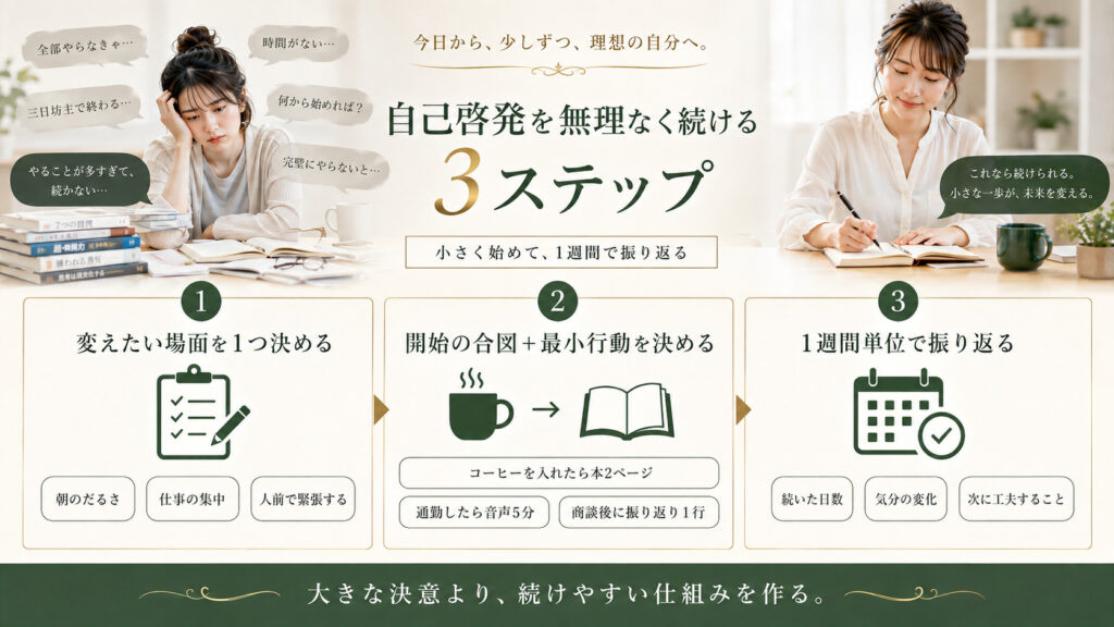 変えたい場面・最小行動・1週間の振り返りで自己啓発を続ける3ステップ