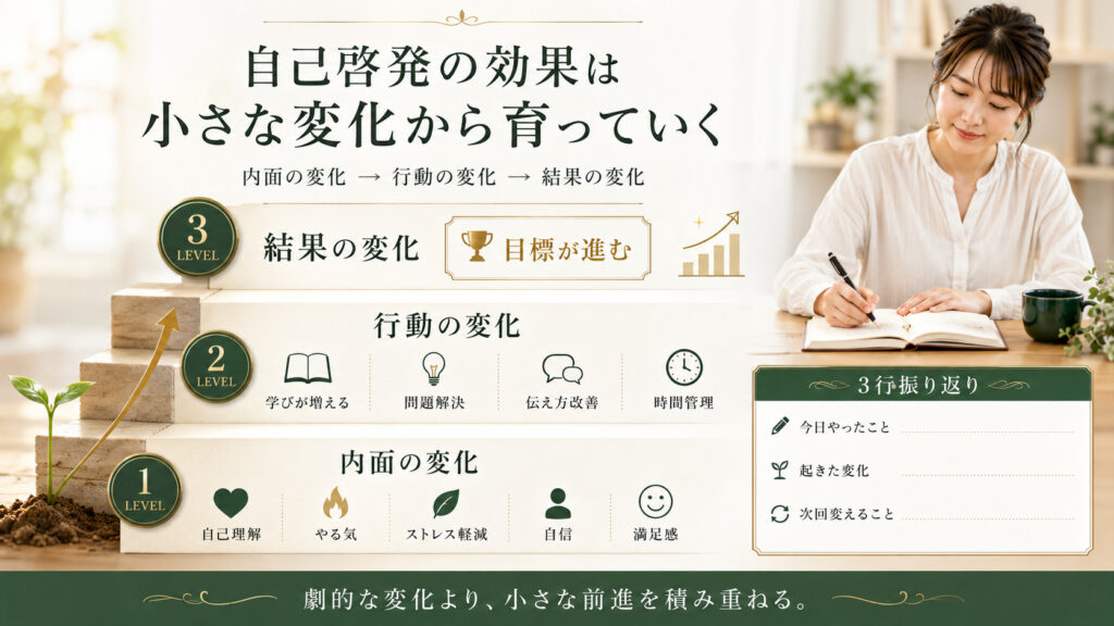 自己啓発による内面の変化から行動の変化と目標達成へ進む効果の図解