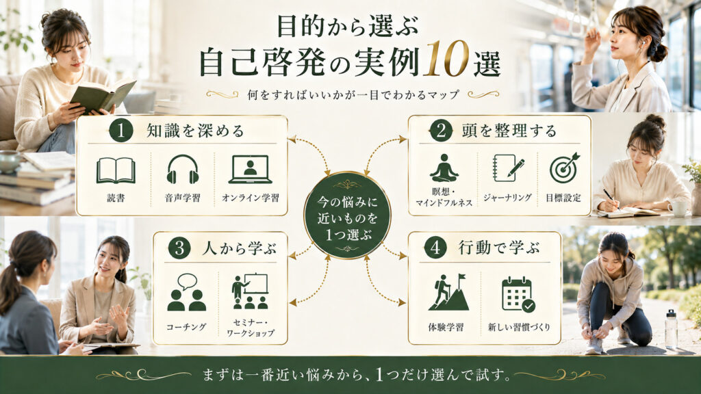 読書や瞑想やコーチングなど自己啓発の実例10選を目的別に整理した図解
