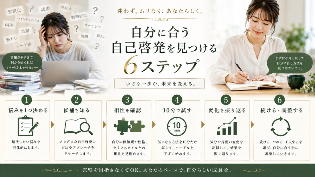 自分に合う自己啓発を見つけるための6ステップを示した図解