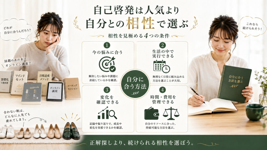 自分に合う自己啓発を選ぶための悩み・実行性・変化・時間と費用の4条件