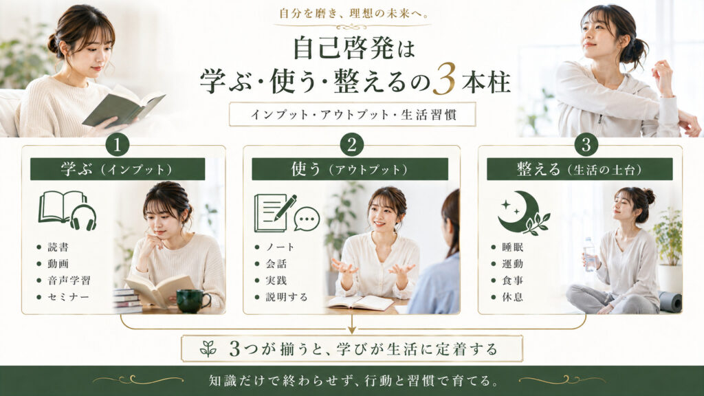 自己啓発をインプット・アウトプット・生活の土台の3本柱で整理した図解