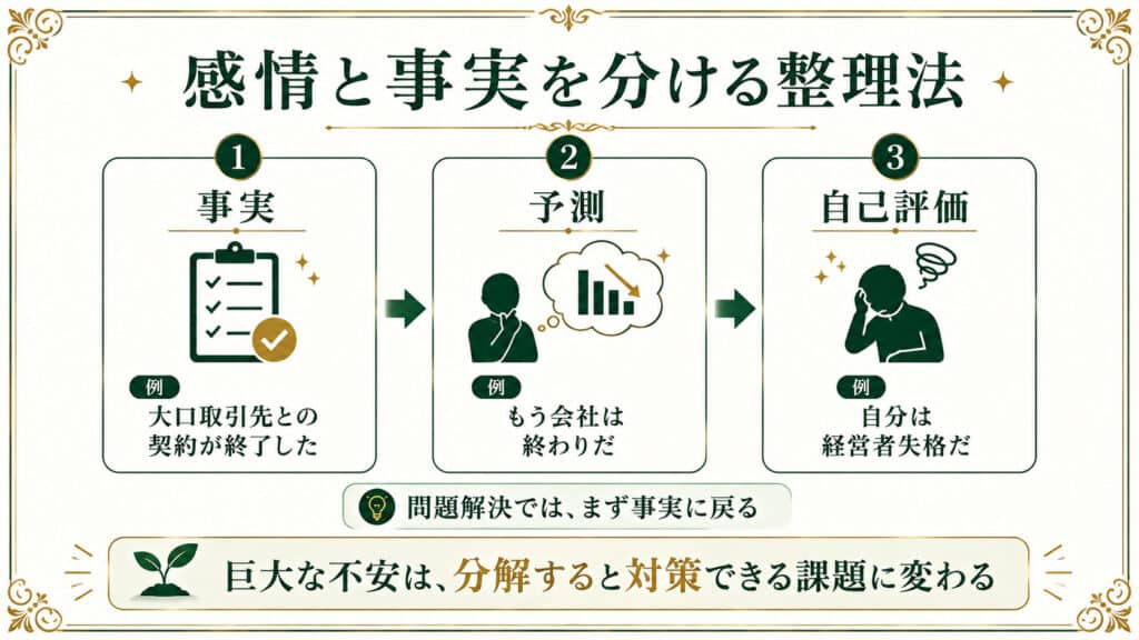 感情と事実と予測・自己評価を分けて整理する方法を分かりやすくまとめた図解