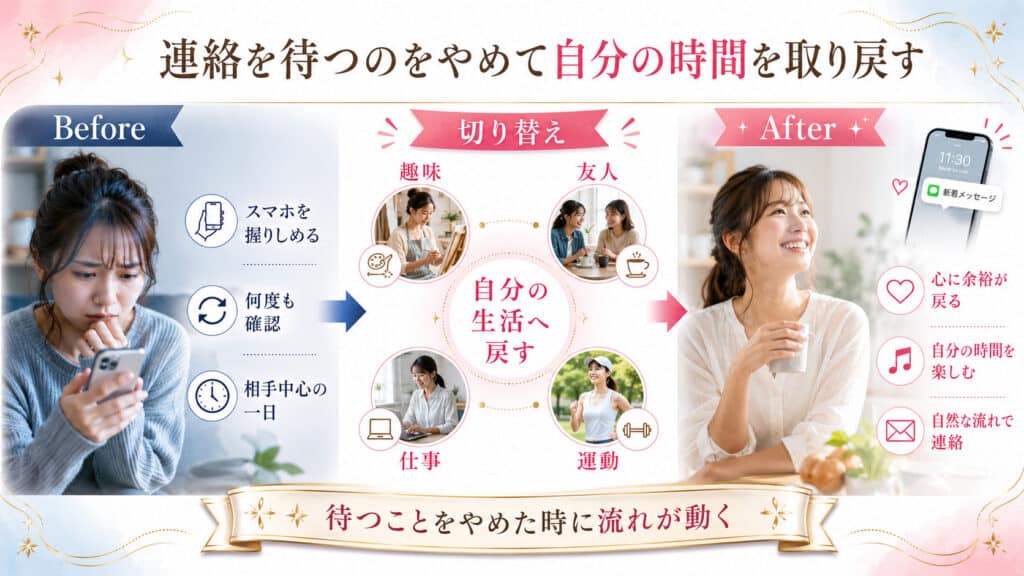 連絡を待つのをやめて趣味や友人や仕事に意識を戻し自分の時間を取り戻す図解