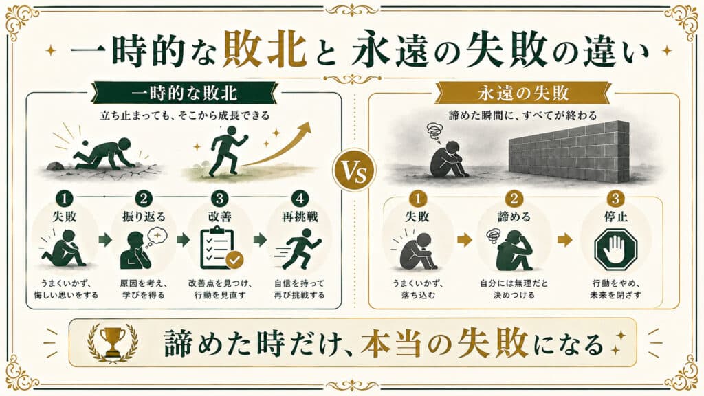 一時的な敗北と永遠の失敗の違いを比較し、諦めない限り失敗ではないことを示した図解