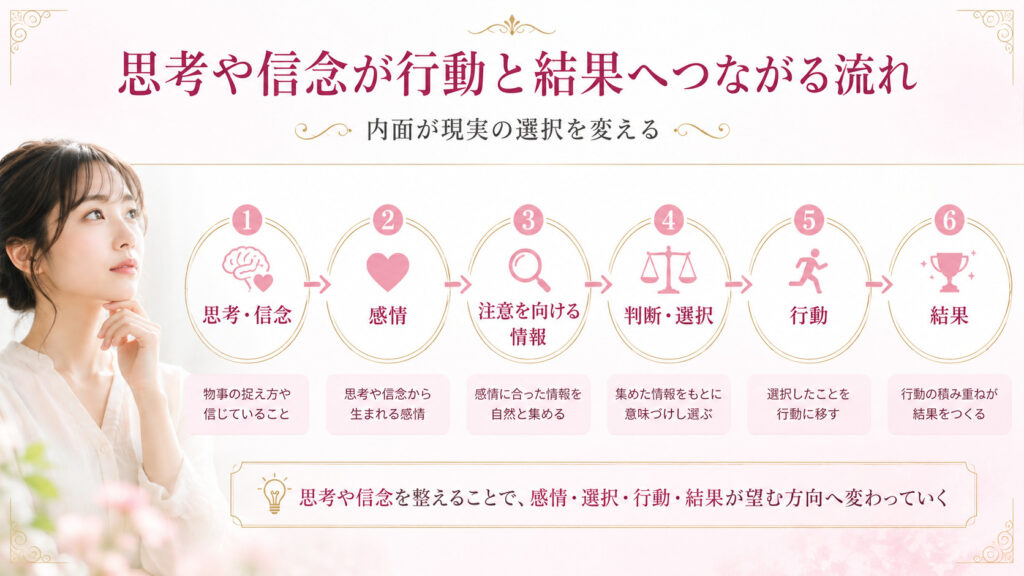 思考や信念から感情と選択と行動を経て結果につながる流れを示した図解