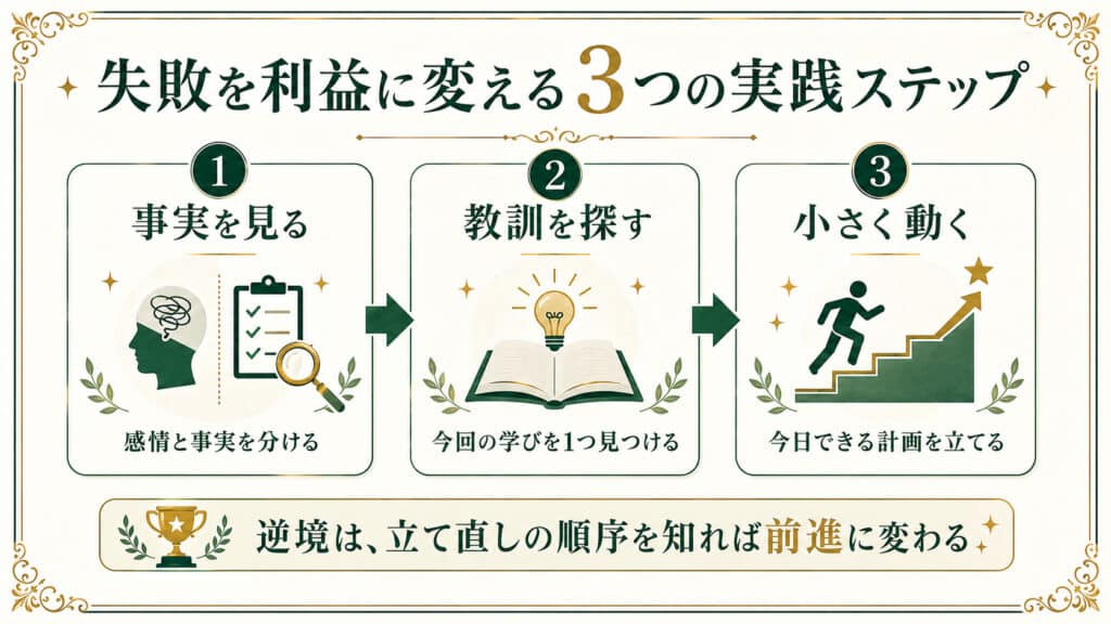 失敗を利益に変えるために、事実を見る・教訓を探す・小さく動くの3ステップを示した図解