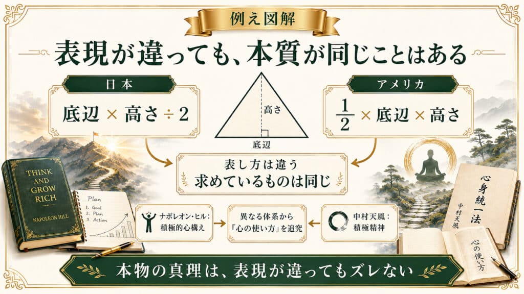 三角形の面積の例えを使って国が違っても真理は同じであることを説明した比較図解
