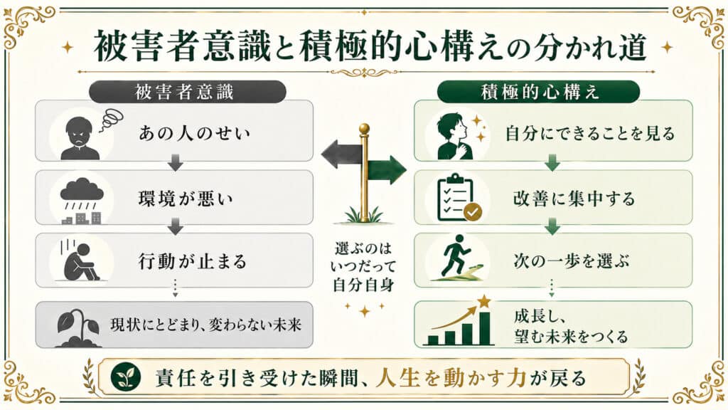 被害者意識と積極的心構えの違いを比較し、逆境への向き合い方の分岐を示した図解