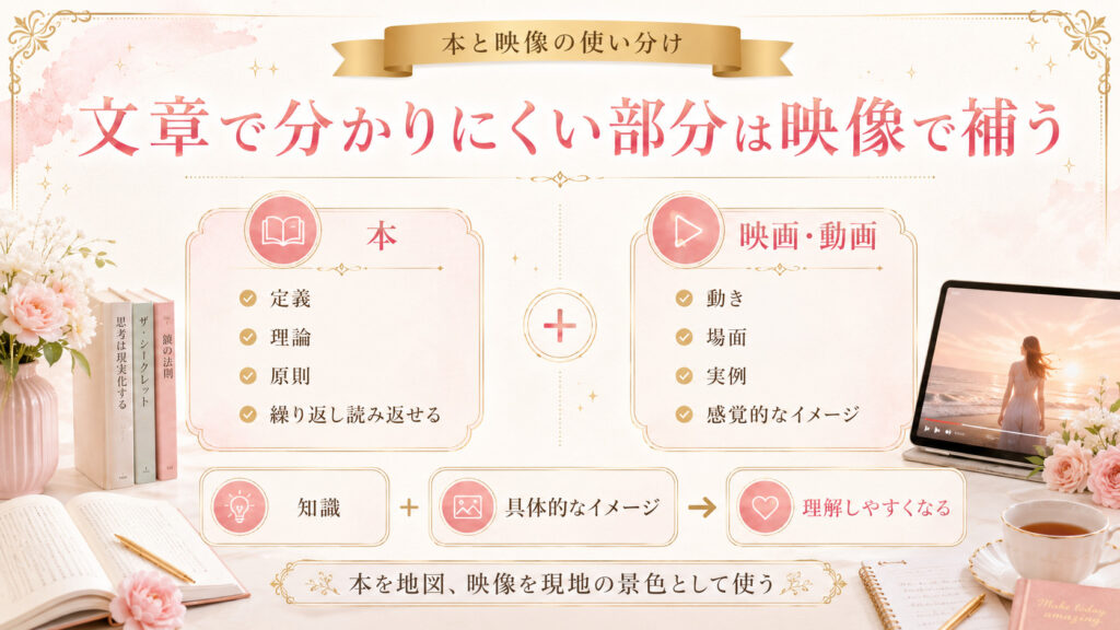 映画や動画を使って引き寄せの理解を深める学習法を表した図解