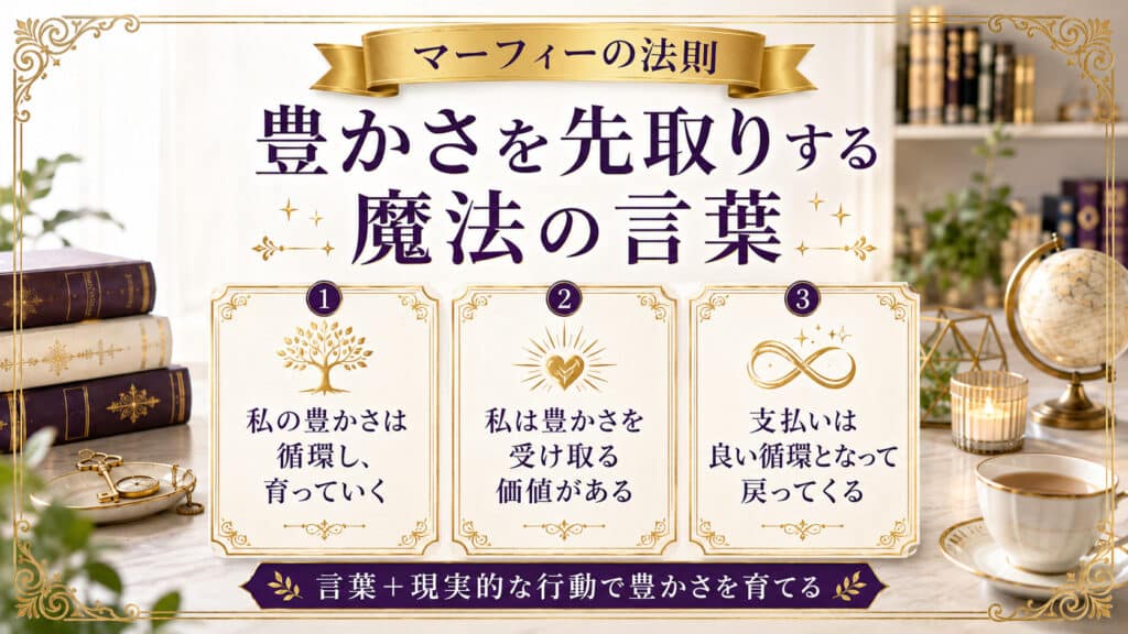 豊かさを受け取る意識とお金の循環を育てるための3つの前向きな言葉をまとめた図解