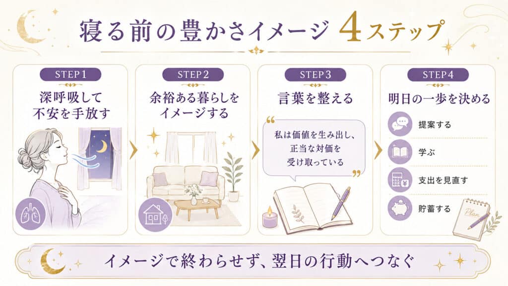 寝る前に不安を手放し豊かな生活をイメージして、翌日の具体的な行動へつなげる4ステップを示した図解