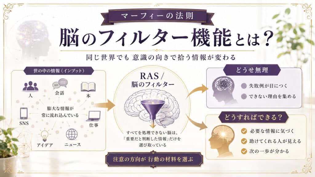 脳のフィルター機能(RAS)によって意識の向きで拾う情報が変わる仕組みを示した図解