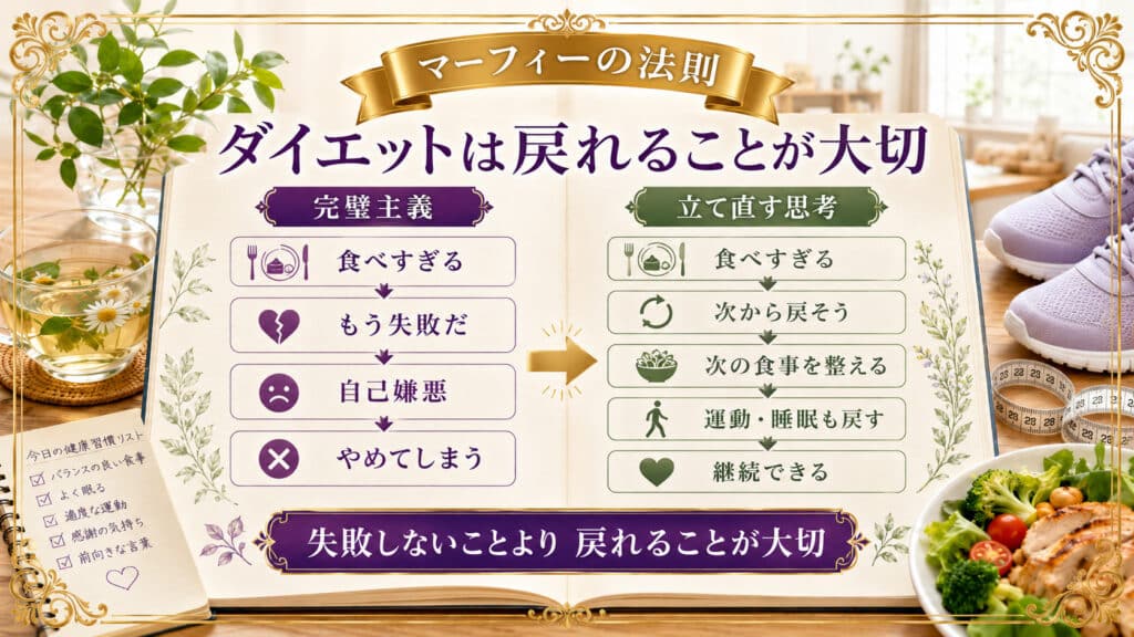 ダイエットで失敗しても立て直して継続する考え方を比較した図解