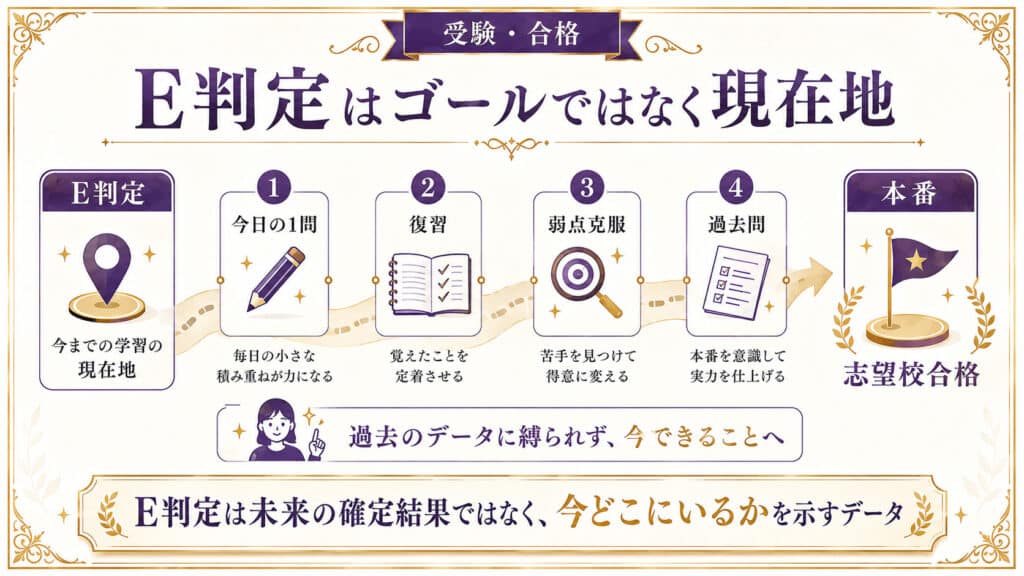 E判定を未来の確定結果ではなく現在地として捉え、日々の学習で志望校合格を目指す図解