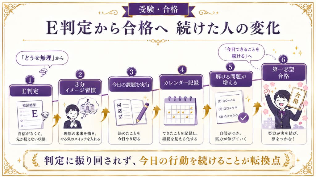 E判定から合格イメージと日々の課題、記録を積み重ねて第一志望合格へ進んだ変化を示した図解