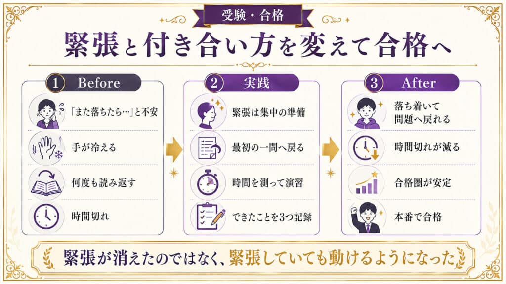 緊張で実力を発揮できなかった状態から、緊張と付き合いながら本番合格へ進んだ変化を示した図解