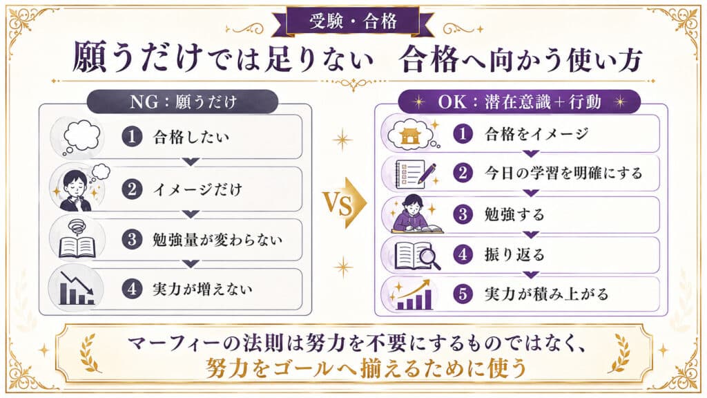 合格を願うだけの場合と、潜在意識のイメージを実際の勉強や振り返りへつなげる方法を比較した図解