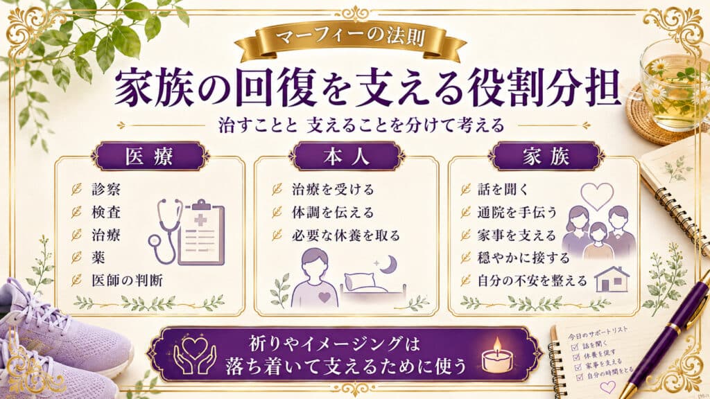 医療・本人・家族それぞれの役割分担を整理した家族の回復支援の図解