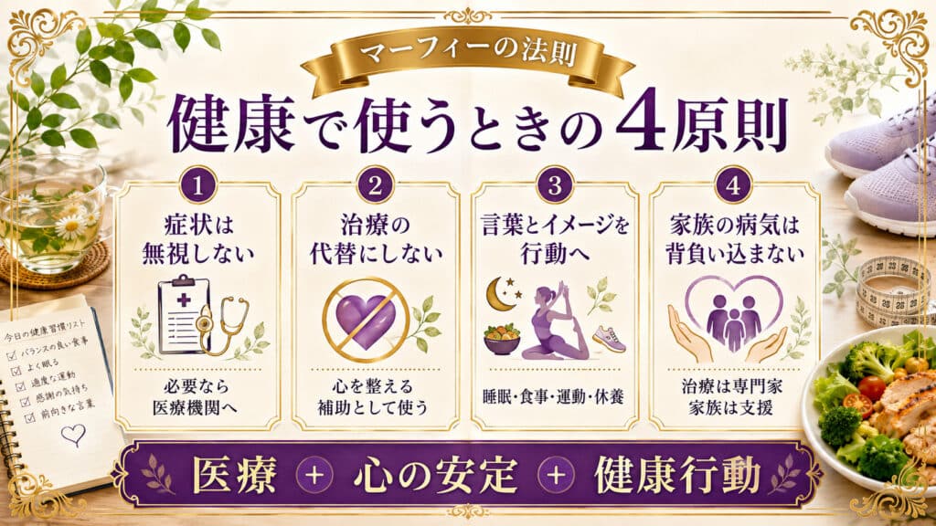 健康や病気に関してマーフィーの法則を使うときの4原則を整理した図解