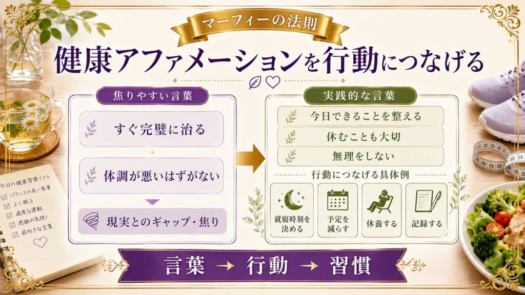 健康アファメーションを焦りの言葉から実践的な行動へつなげる方法を示した図解