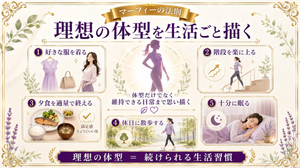 理想の体型を維持できる生活習慣と日常行動で描く方法をまとめた図解