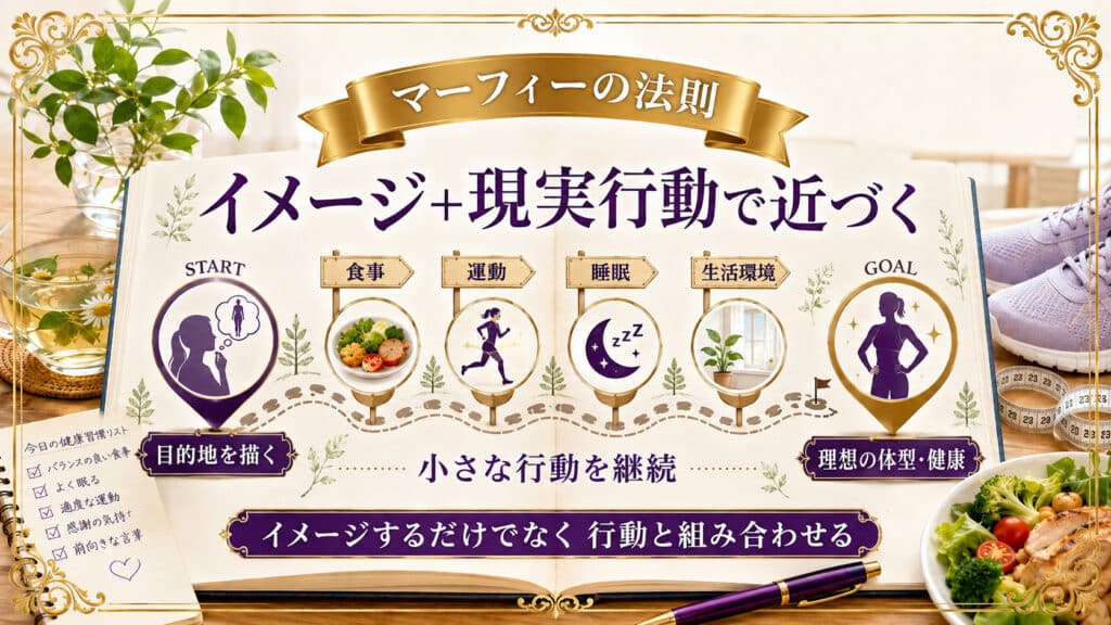 理想の体型と健康に近づくためにイメージと現実行動を組み合わせる流れを示した図解
