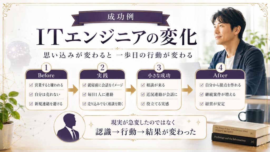 ITエンジニアの思い込みが変わり、行動と成果が変化した成功例を示した図解